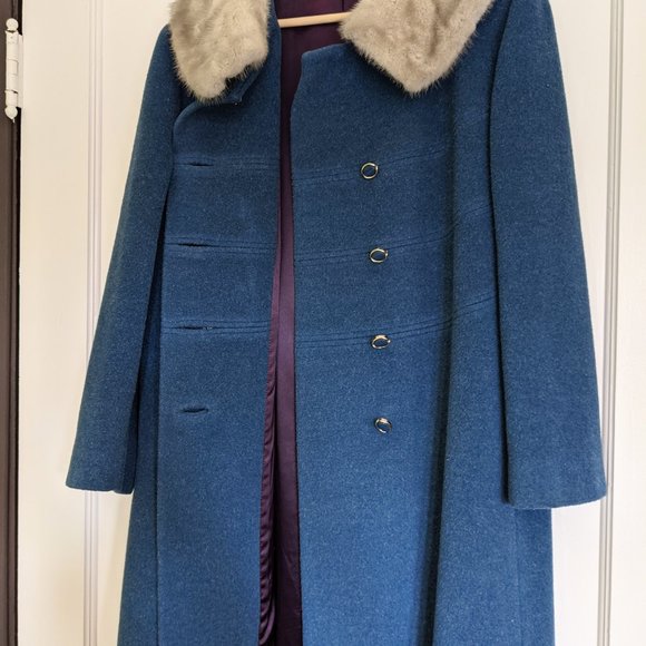 Vintage 1950s Cornflower Blue Wool Coat with Pockets and Real Fur Collar - M L - Picture 4 of 6